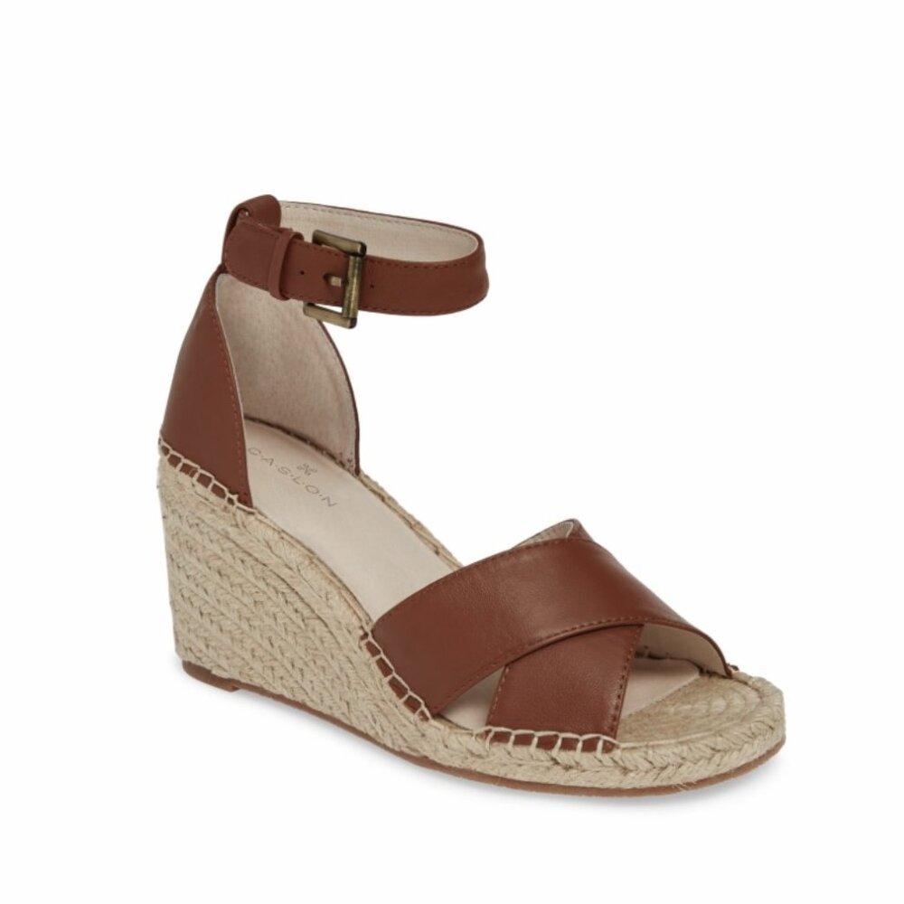 New Caslon Shiloh Cognac Leather & Espadrille Wedge Heel Sandal, 7.5